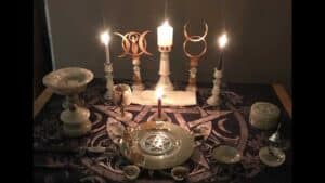 Gardnerian Wicca ritual altar with athame chalice and pentacle (Credit Manan1955) Gardnerian Wicca ritual altar with athame chalice and pentacle (Credit Manan1955)