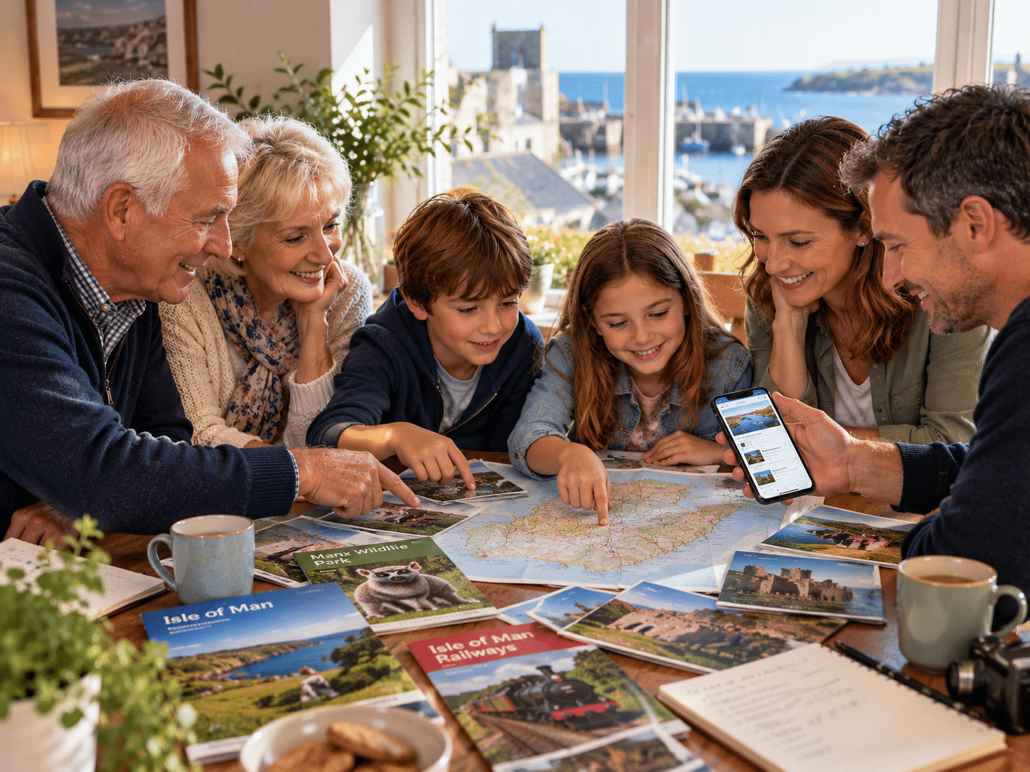 Multi-generational family planning an Isle of Man holiday with a map, wildlife and heritage railway brochures